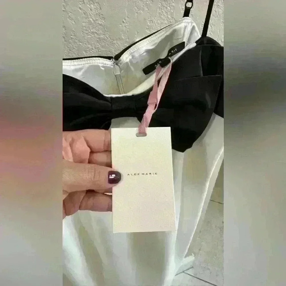 NWT Cleo Two Tone Color Block Off-The-Shoulder Bow Satin Mini Dress - Picture 4 of 8